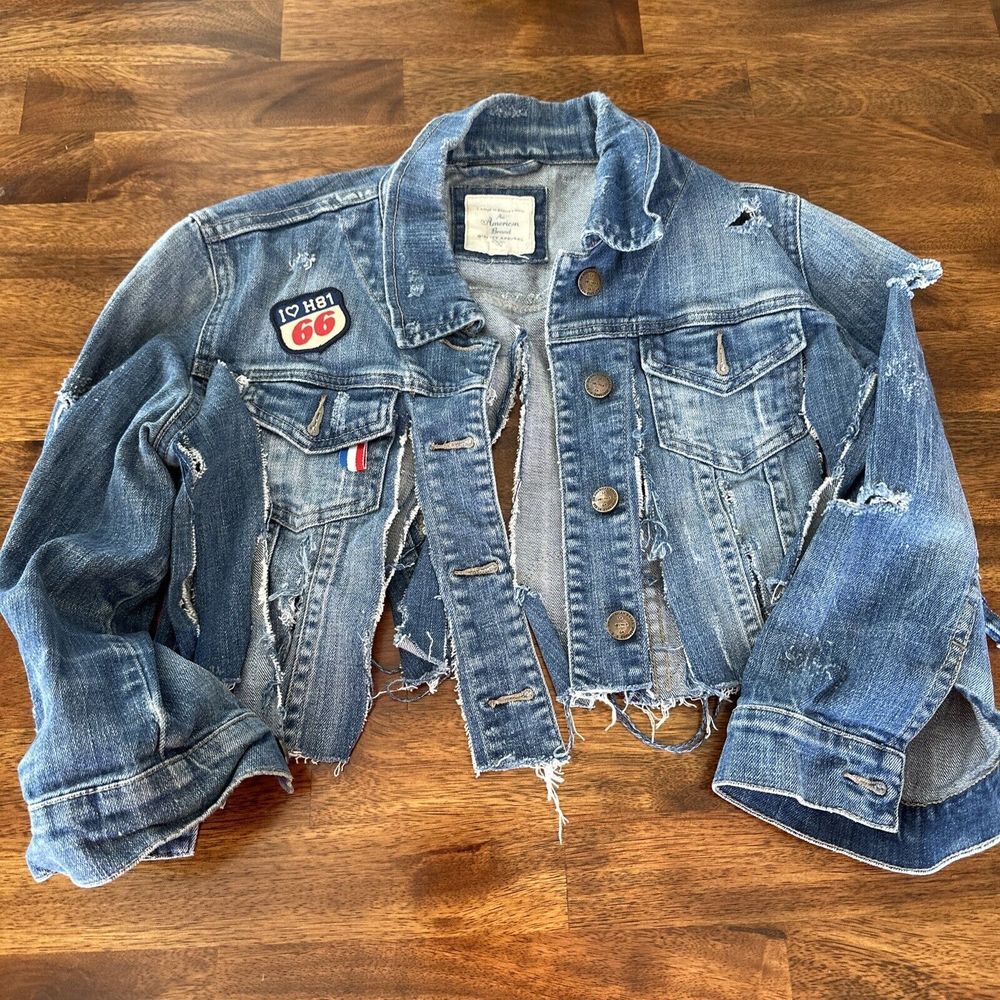 I Love H81 Destroyed Jean Jacket.‎ Flared -Cut Up - Patches Medium Biker Jacket